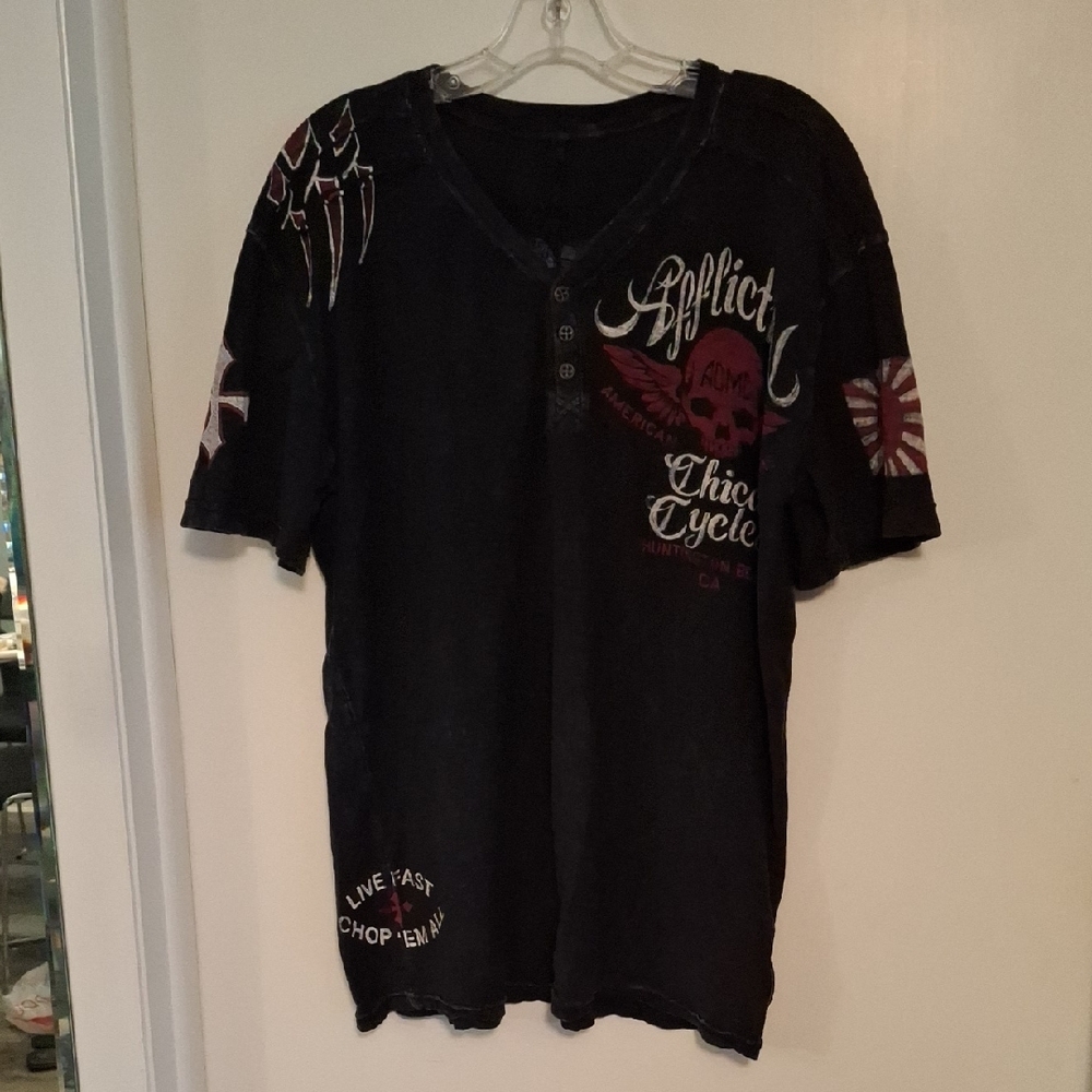 Affliction Black V-Neck Tee with Red and White Graphics